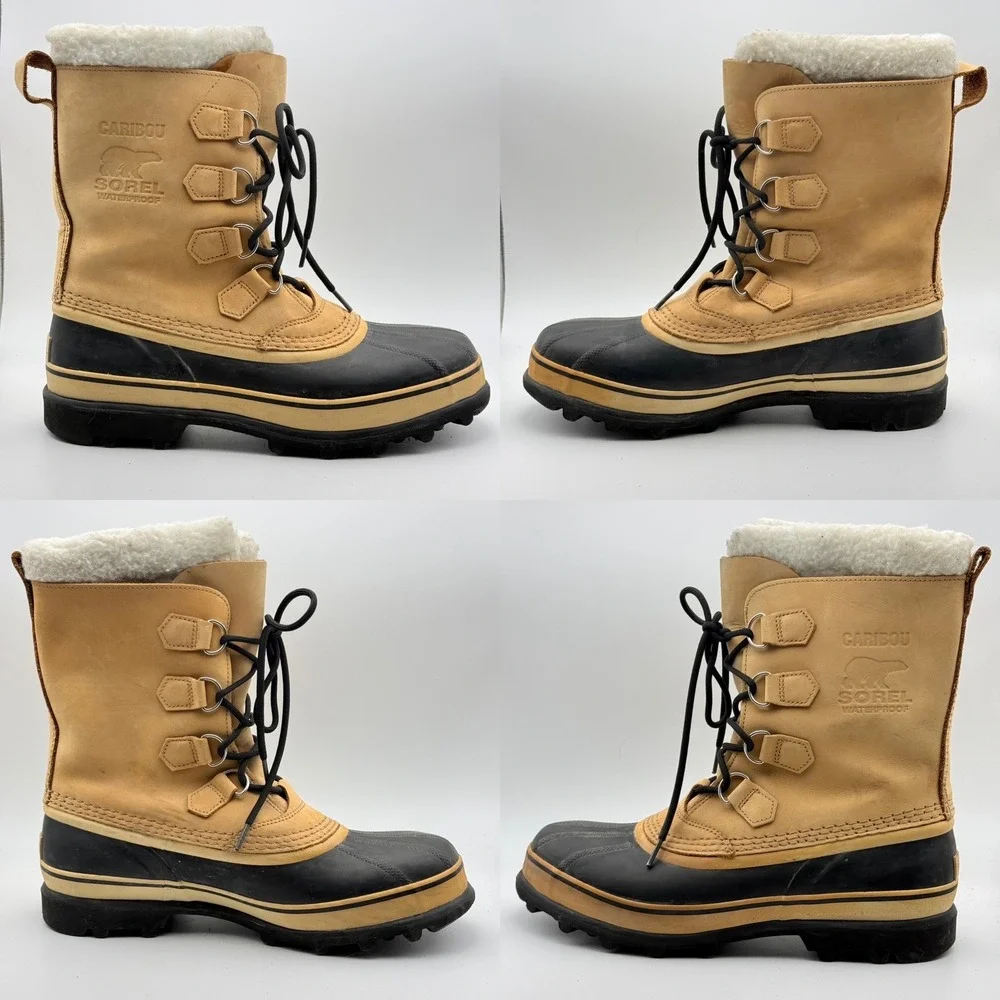 Sorel Caribou Snow Boots Mens 10 Tan Waterproof Leather Faux Fur Winter
